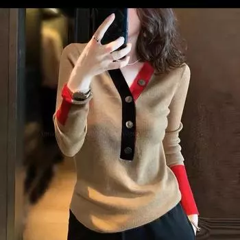 Женская осенне-зимняя трикотажная рубашка с V-образным вырезом, цветной пуловер, тонкий свитер 3XL