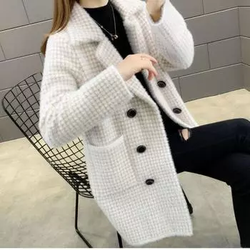 Женская осенне-зимняя трикотажная свободная куртка средней длины, кардиган, утолщенный свитер 3XL