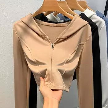 Женская осенне-зимняя трикотажная толстовка с капюшоном и длинным рукавом на короткой молнии M хаки