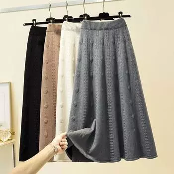 Женская осенне-зимняя трикотажная юбка с высокой талией и большим подолом, элегантная однотонная шерстяная юбка средней длины из жаккарда S абрикосовый