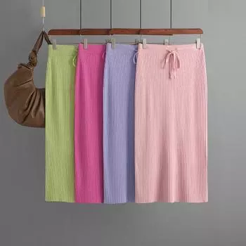 Женская осенне-зимняя трикотажная юбка средней длины из ледяного шелка с высокой талией, прямая юбка с запахом на бедрах, одноцветная эластичная талия One Size чёрный