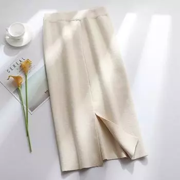 Женская осенне-зимняя трикотажная утолщенная юбка средней длины до пола average size (55cm) чёрный