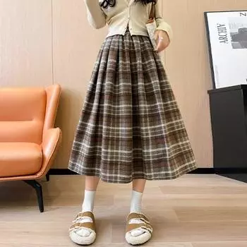 Женская осенне-зимняя юбка миди с высокой талией, приталенная, плиссированная, в клетку, на резинке, скрывающая недостатки фигуры, А-силуэта, шерстяная, плиссированная S