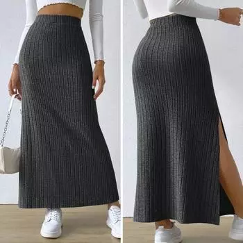 Женская осенне-зимняя юбка с высокой талией, вязаная эластичная, толстая, теплая, до щиколотки, в полоску, облегающая, с разрезом подол, мягкая оболочка, женская юбка-макси XS темно-серого