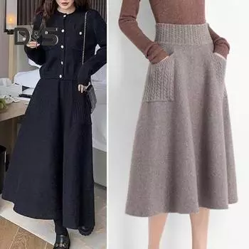 Женская осенне-зимняя юбка трикотажная эластичная с высокой талией, толстая, мягкая, теплая, эластичная, однотонная, свободная, с большим распашным карманом трапециевидной формы, длиной до середины икры, для женщин L верблюд