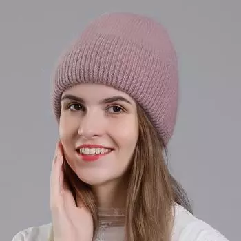 Женская осенне-зимняя универсальная кроличья шерсть, теплая вязаная шерстяная однотонная пуловерная шапка OneSize чёрный