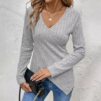 Женская осенне-зимняя универсальная однотонная футболка Pit Stripe с V-образным вырезом S серый