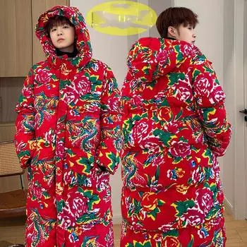 Женская осенне-зимняя утепленная и утолщенная туника-кардиган большого размера средней длины до колена с застежкой-молнией и капюшоном 5XL