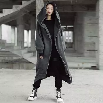 Женская осенне-зимняя утолщенная длинная толстовка на молнии, персонализированная уличная толстовка с капюшоном, повседневная теплая толстовка 5XL чёрный