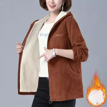 Женская осенне-зимняя утолщенная вельветовая куртка с капюшоном на молнии, теплая повседневная куртка большого размера