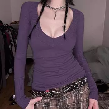 Женская осенне-зимняя узкая однотонная повседневная трикотажная кофта с глубоким V-образным вырезом и глубоким вырезом в полоску с длинными рукавами S фиолетовый