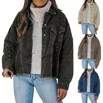 Женская осенне-зимняя вельветовая куртка на пуговицах, свободная куртка с длинными рукавами M бежевый