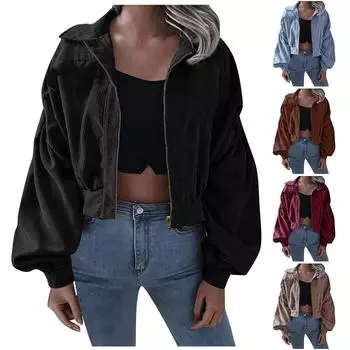 Женская осенне-зимняя вельветовая однотонная куртка на молнии с длинными рукавами и лацканами S коричневый