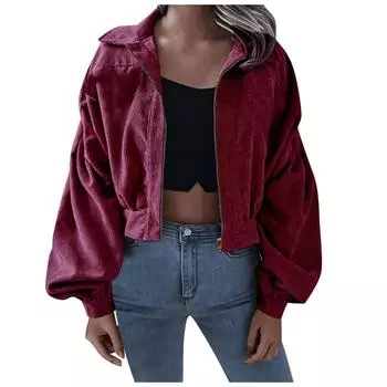 Женская осенне-зимняя вельветовая однотонная куртка на молнии с длинными рукавами и лацканами S коричневый