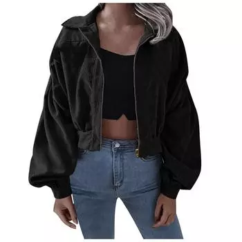 Женская осенне-зимняя вельветовая однотонная куртка на молнии с длинными рукавами и лацканами S винный