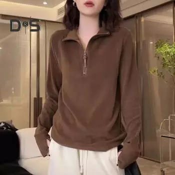 Женская осенне-зимняя верхняя половина на молнии с воротником-стойкой, защита шеи, однотонная свободная толстовка с длинными рукавами, эластичная многослойная одежда для спорта M чёрный