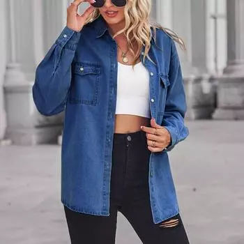 Женская осенне-зимняя винтажная классическая джинсовая рубашка с широкими длинными рукавами и тонкими свободными карманами, пальто S