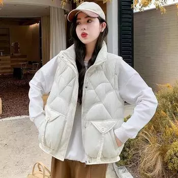 Женская осенне-зимняя волнистая однотонная утепленная верхняя одежда с хлопковой подкладкой и воротником-стойкой, теплая куртка без рукавов, жилет M чёрный