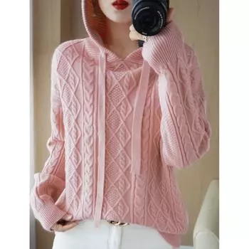 Женская осенне-зимняя вязаная кофта с капюшоном, свободная повседневная укороченная теплая трикотажная толстовка с капюшоном one size красный