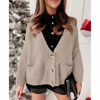 Женская осенне-зимняя вязаная куртка, свободный свитер с длинными рукавами и карманами, темперамент S серый