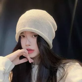 Женская осенне-зимняя вязаная шапка-бини, милая однотонная тонкая шапка с ворсом для лица, теплая повседневная кепка с черепом на открытом воздухе