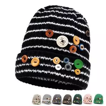 Женская осенне-зимняя вязаная шапка на пуговицах, толстая теплая полосатая шерстяная шапка белый