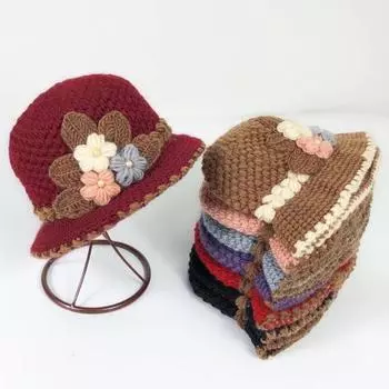 Женская осенне-зимняя вязаная шапка с цветочным декором, утолщенная шерстяная шапка, вязаная крючком шляпа-ведро с куполом, рыбацкая шапка фиолетовый