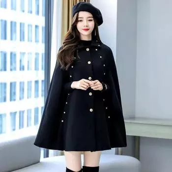 Женская осенне-зимняя высококачественная черная шерстяная шаль средней длины, свободная винтажная накидка с золотыми пуговицами, шерстяное пальто S чёрный