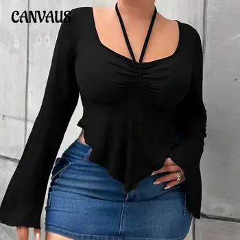 Женская осенняя элегантная однотонная блузка с U-образным вырезом и расклешенными рукавами 1XL чёрный