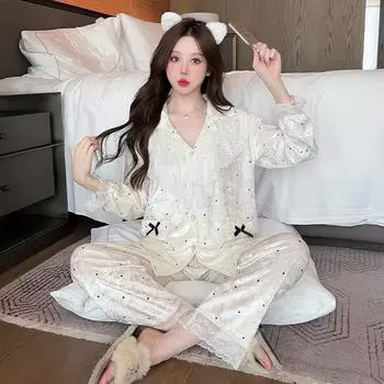 Женская осенняя бархатная пижама, милая кружевная лоскутная пижама, велюровая ночная рубашка, топ и брюки, 2 шт., пижамный костюм, домашняя одежда, домашняя одежда M белый