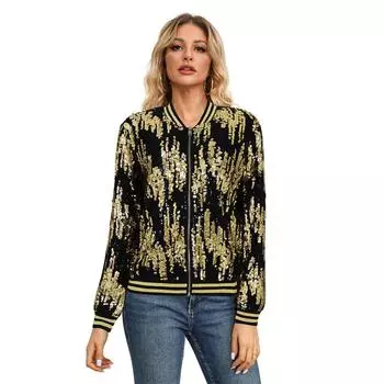 Женская осенняя бейсбольная одежда модная повседневная куртка с пайетками S золотой