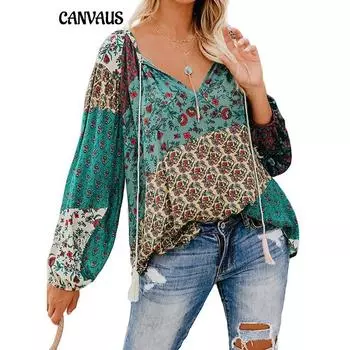 Женская осенняя блузка-пуловер с цветочным принтом и большим V-образным вырезом, длинными рукавами, свободная рубашка на шнурке S