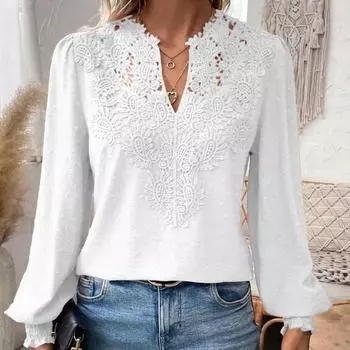 Женская осенняя блузка-рубашка с V-образным вырезом и кружевом S чёрный