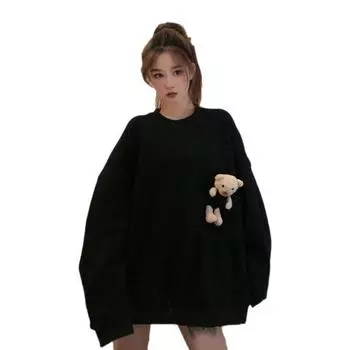 Женская осенняя блузка с длинным рукавом и карманом, симпатичная блузка с круглым вырезом, свободного покроя M чёрный