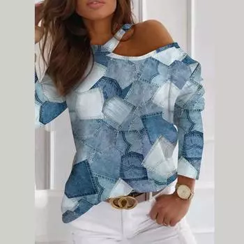 Женская осенняя блузка с длинным рукавом и открытыми плечами, принтованная, повседневная, модная, футболка, топ S