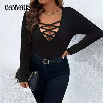 Женская осенняя блузка с V-образным вырезом, полая, сексуальная, утягивающая внутри, однотонная, с длинными рукавами 1XL чёрный
