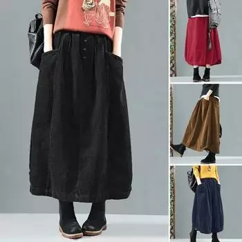 Женская осенняя длинная юбка с эластичной талией, винтажные вельветовые юбки, однотонные свободные юбки, повседневные платья Saia Jupe XXXL чёрный