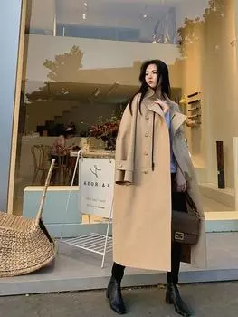 Женская осенняя длинная ветровка силуэта, блестящая ветровка высокой плотности, британская ветровка M хаки