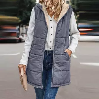 Женская осенняя двусторонняя жилетка без рукавов куртка с капюшоном на молнии карманы длинная теплая зимняя верхняя одежда S бежевый