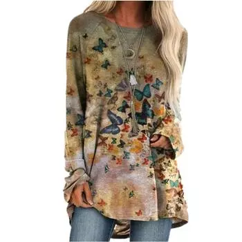 Женская осенняя футболка больших размеров с принтом бабочки, удобная футболка с длинными рукавами и круглым вырезом, повседневная мешковатая футболка средней длины, топ XS дубильная кора