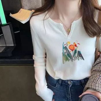 Женская осенняя футболка с длинным рукавом французского дизайна, базовый слой нижнего белья, модный топ с V-образным вырезом, уникальный S белый