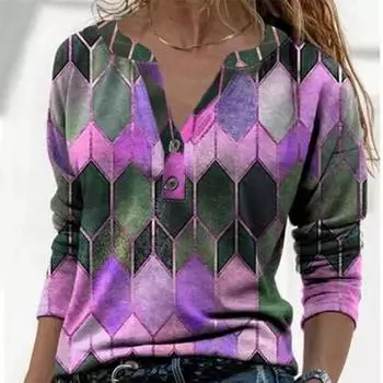 Женская осенняя футболка с длинным рукавом и V-образным вырезом в клетку с градиентным принтом S