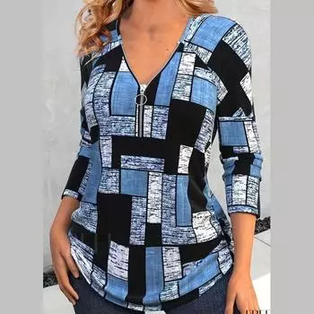 Женская осенняя футболка с длинным рукавом и V-образным вырезом с цветными блоками S