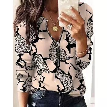 Женская осенняя футболка с длинным рукавом и застежкой-молнией с принтом S