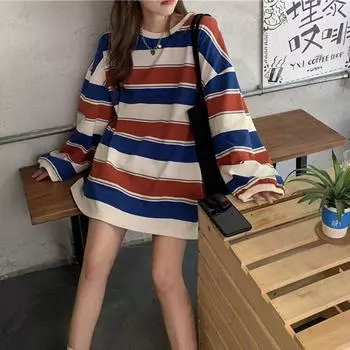 Женская осенняя футболка с длинным рукавом и круглым вырезом в полоску размера плюс, блузка M синий