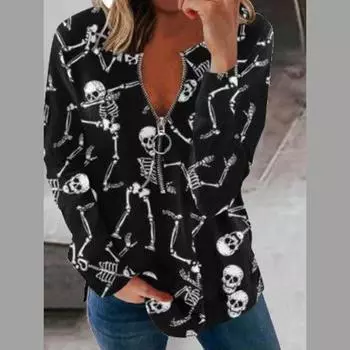 Женская осенняя футболка с длинным рукавом на молнии с круглым вырезом и принтом черепа S
