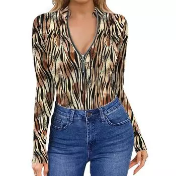 Женская осенняя футболка с длинным рукавом на молнии с воротником-стойкой и принтом в полоску тигра S