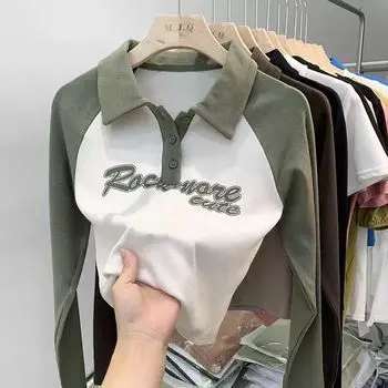 Женская осенняя футболка с длинными рукавами и воротником-поло в стиле ретро, новый дизайн, нишевая облегающая базовая рубашка M чёрный