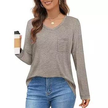Женская осенняя футболка с длинными рукавами, повседневная свободная рубашка с V-образным вырезом и карманом на талии, футболки женские S абрикосовый