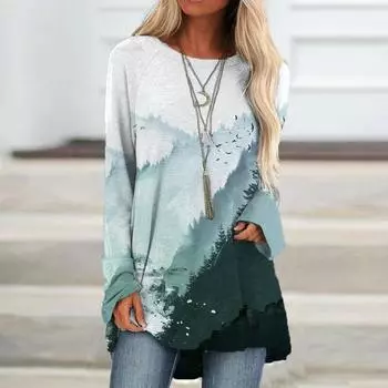 Женская осенняя футболка с каньонным принтом больших размеров, удобная футболка с длинными рукавами и круглым вырезом, повседневная мешковатая футболка средней длины, топ XS зелёный